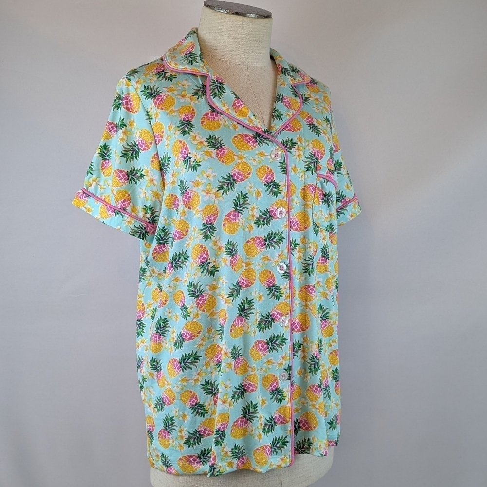 Pillow Talk Tropical Pineapple Print PJ Set Short Sleeve Top Pants Aqua M NWT - Picture 9 of 12